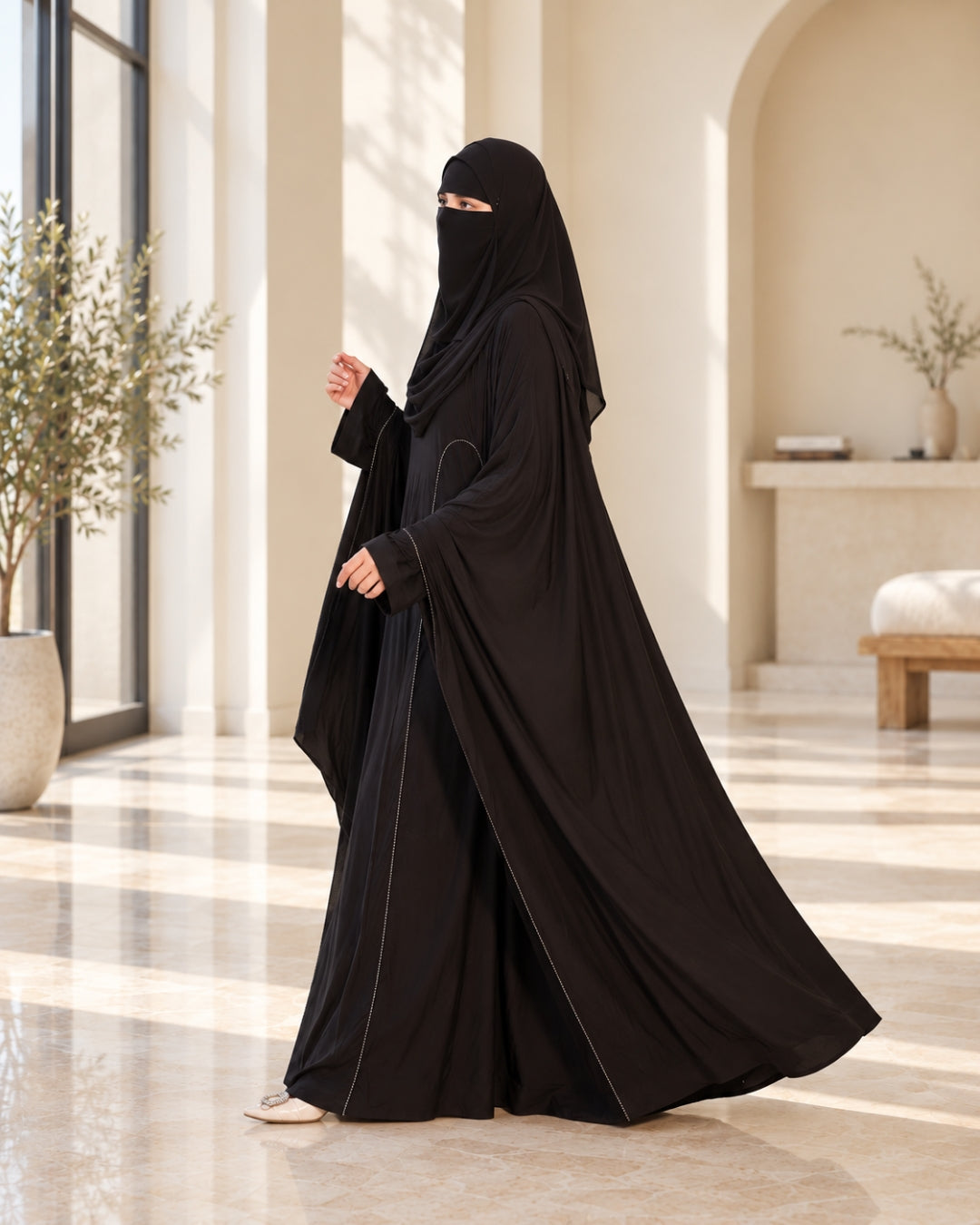 Georgette Diamond Work Kaftaan Shrug with Prada Inner Abaya & Black Dupatta