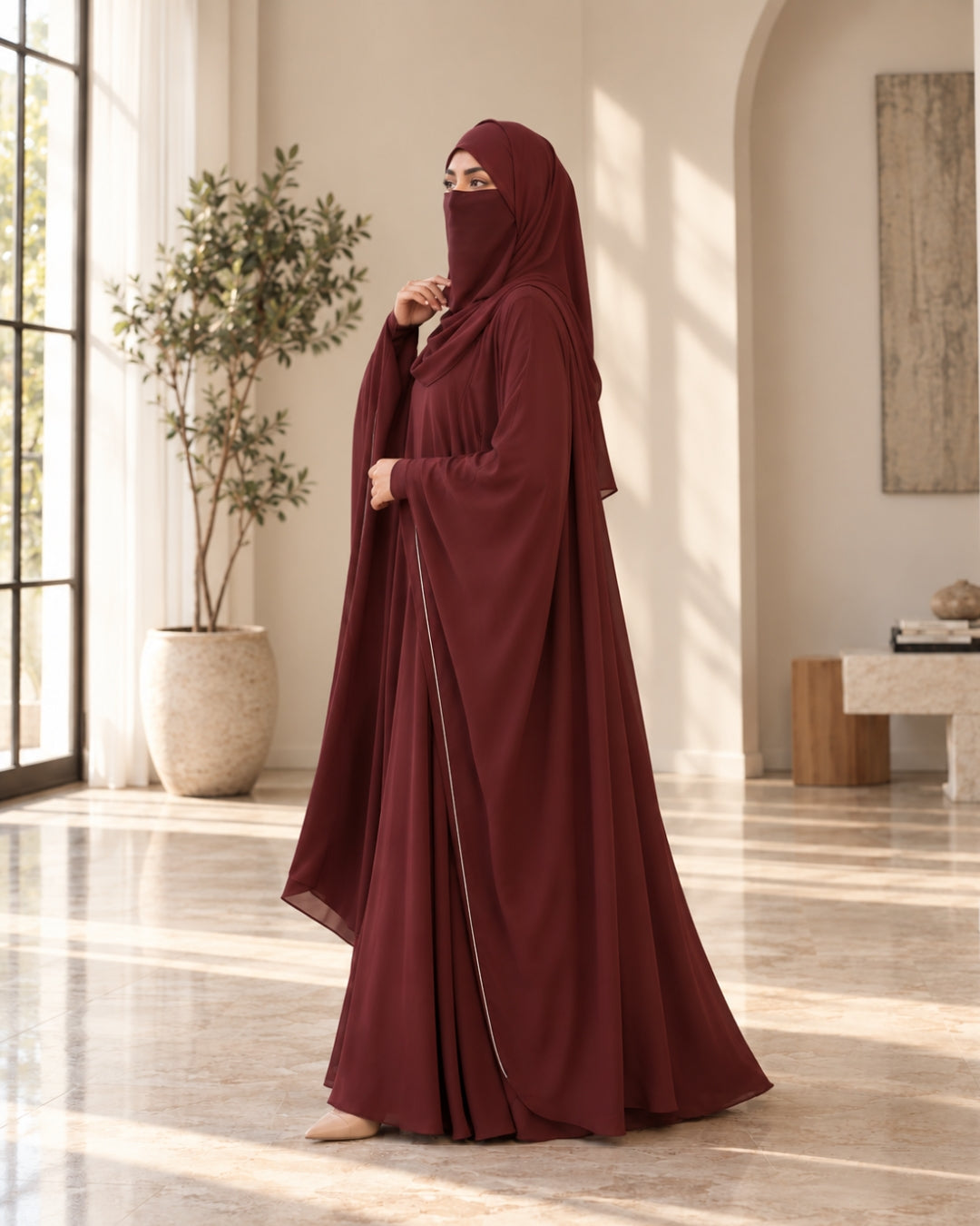 Georgette Diamond Work Kaftaan Shrug with Prada Inner Abaya & Maroon Dupatta