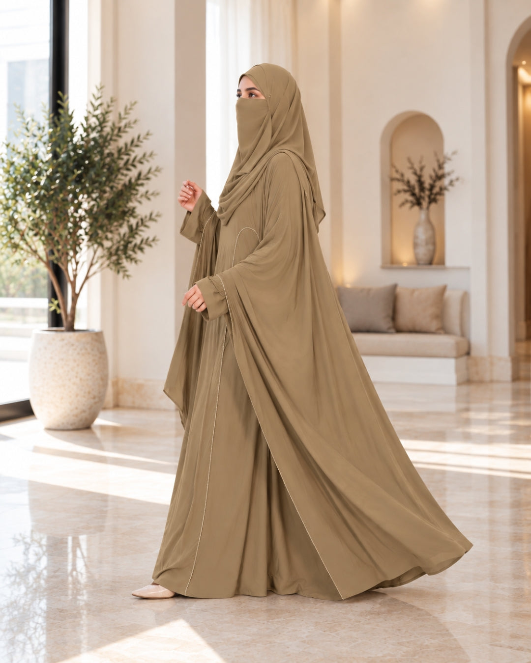 Georgette Diamond Work Kaftaan Shrug with Prada Inner Abaya & Cream Dupatta