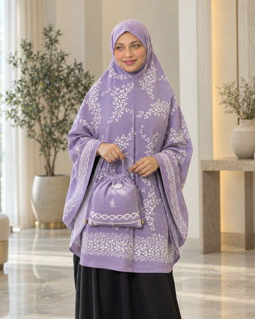 Lavender Floral Printed Khimar with Matching Drawstring Pouch