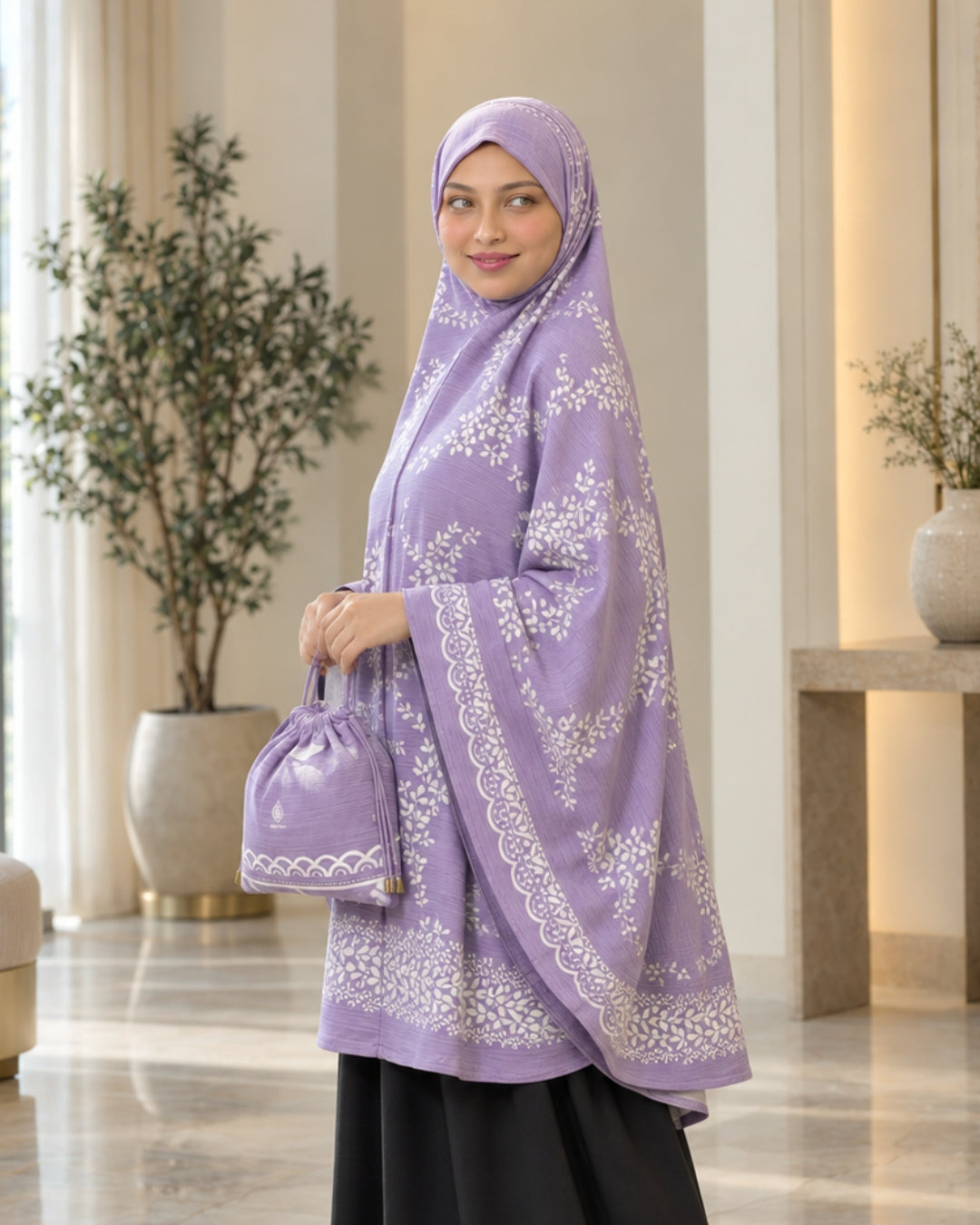 Lavender Floral Printed Khimar with Matching Drawstring Pouch