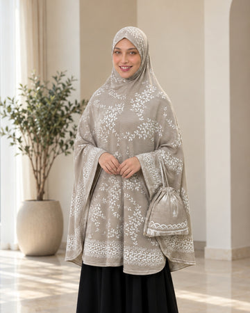 Taupe Beige Floral Printed Khimar with Matching Drawstring Pouch