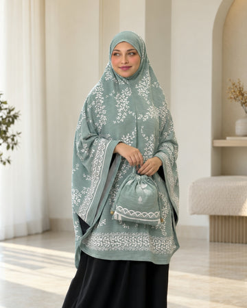 Sage Green Floral Printed Khimar with Matching Drawstring Pouch