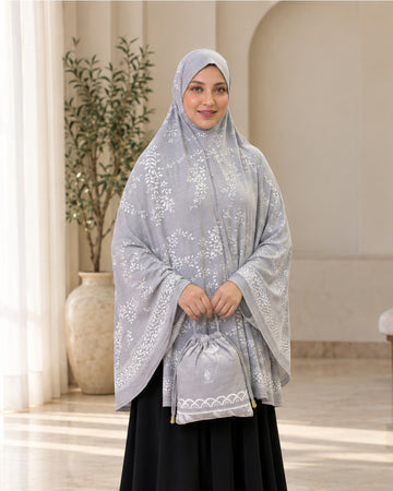 Silver Grey Floral Printed Khimar with Matching Drawstring Pouch