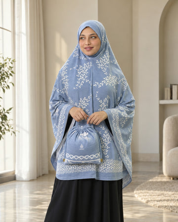 Powder Blue Floral Printed Khimar with Matching Drawstring Pouch