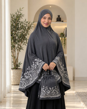 Charcoal Grey Floral Border Prayer Scarf with Matching Pouch