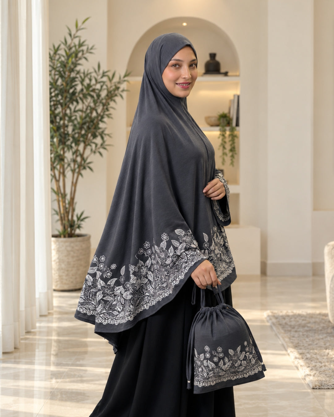 Charcoal Grey Floral Border Prayer Scarf with Matching Pouch
