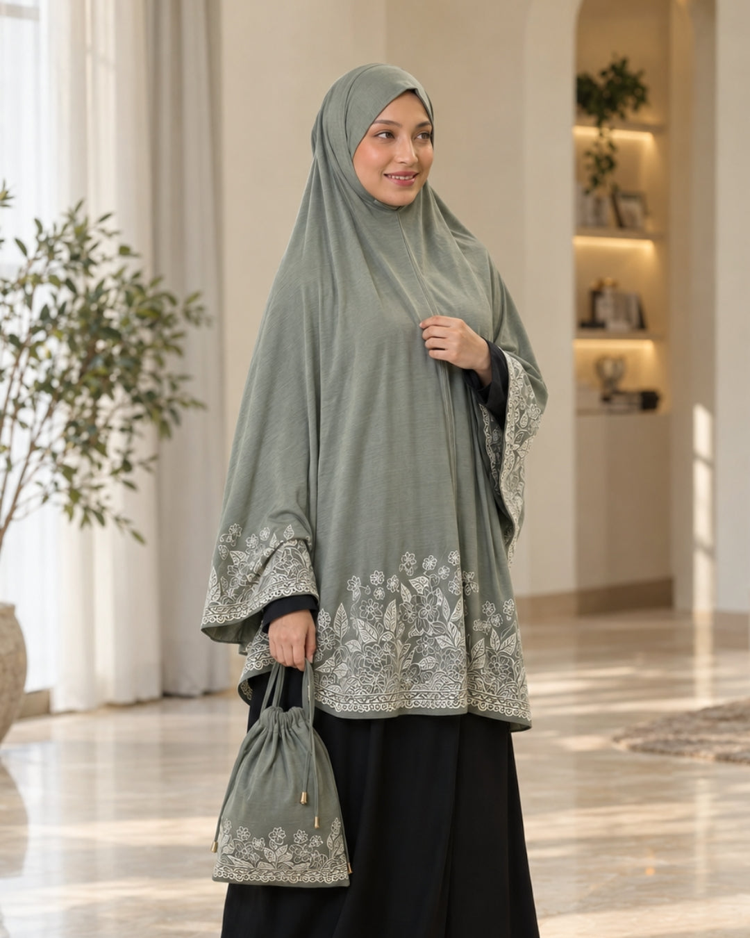 Sage Olive Floral Border Prayer Scarf with Matching Pouch