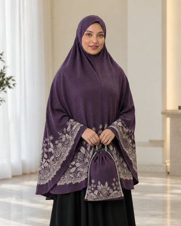 Plum Purple Floral Border Prayer Scarf with Matching Pouch