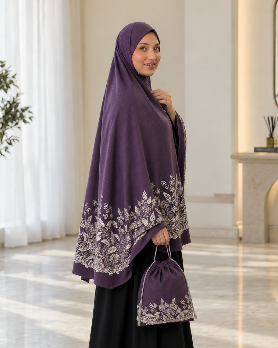 Plum Purple Floral Border Prayer Scarf with Matching Pouch