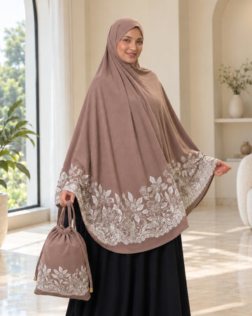 Mocha Taupe Floral Border Prayer Scarf with Matching Pouch