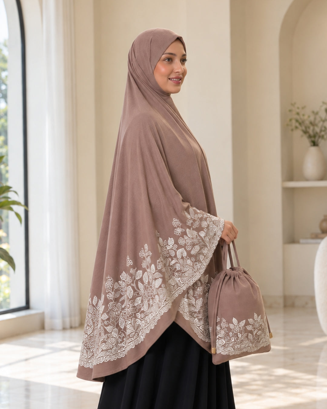 Mocha Taupe Floral Border Prayer Scarf with Matching Pouch