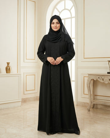 Black Geometric Embroidered Front Open Abaya
