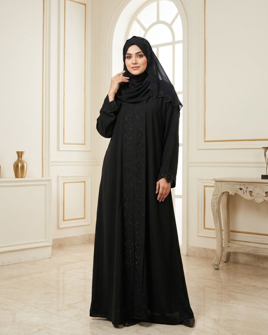 Black Geometric diamond work Abaya