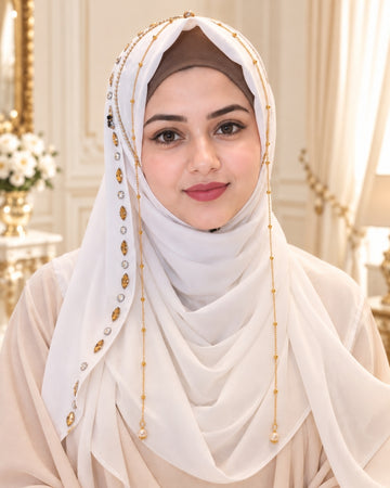 Ivory White Embellished Chain Detail Hijab