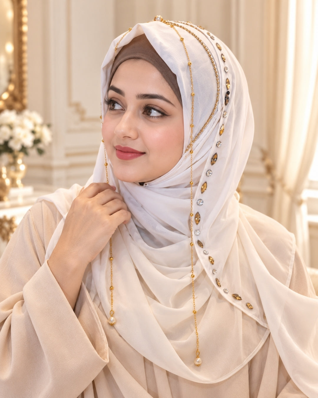 Ivory White Embellished Chain Detail Hijab