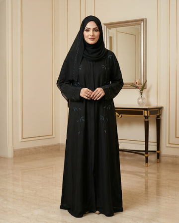 Black Floral Embroidered Front Open Abaya