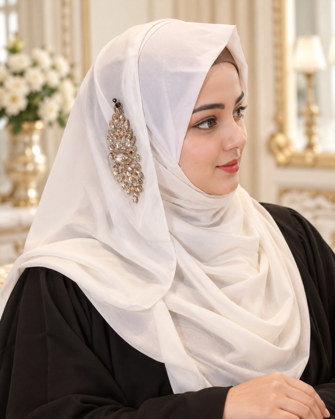 White Crystal Embellished Side Brooch Hijab