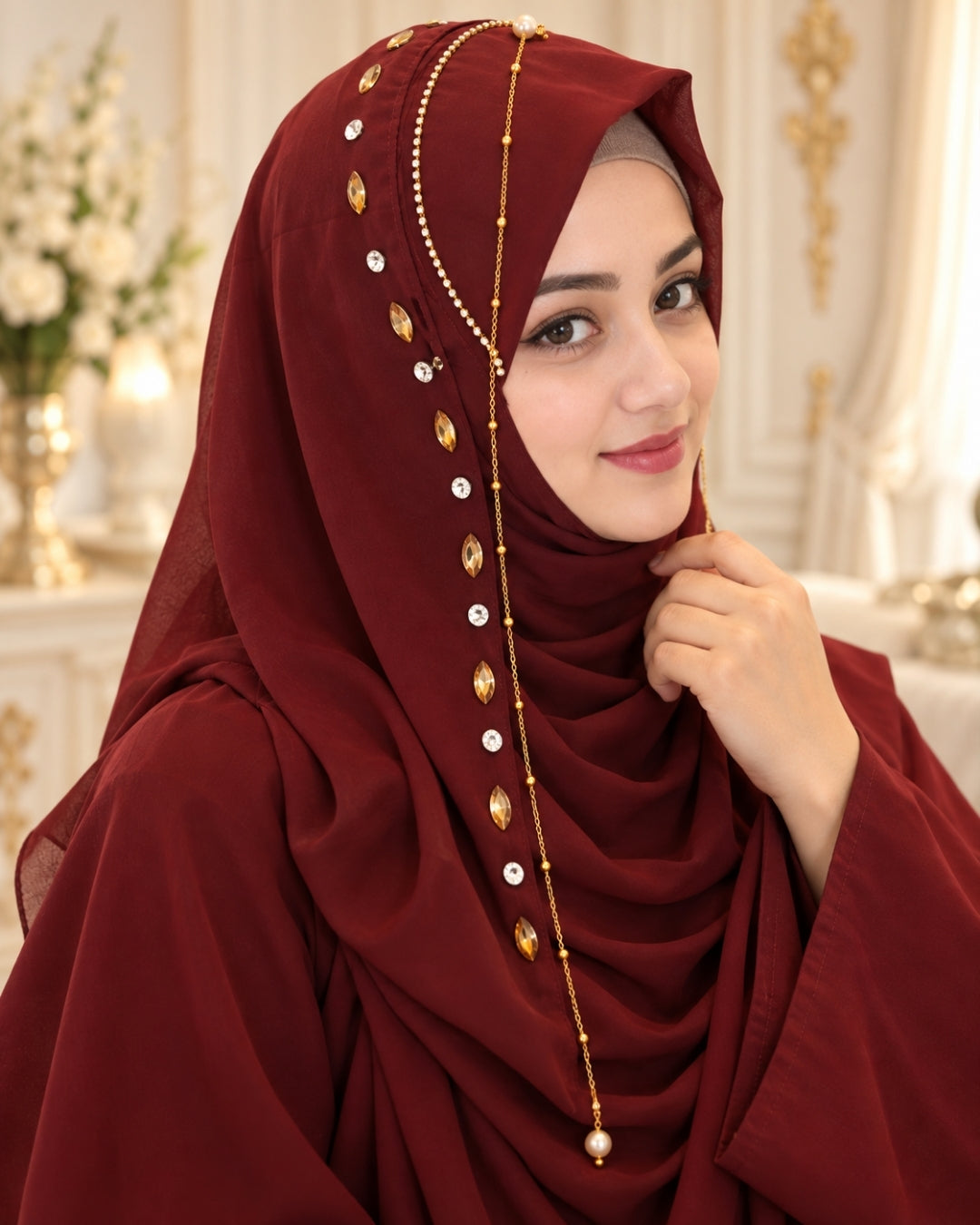 Burgundy Embellished Chain Detail Hijab