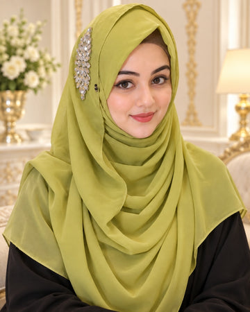 Olive Green Crystal Embellished Side Brooch Hijab