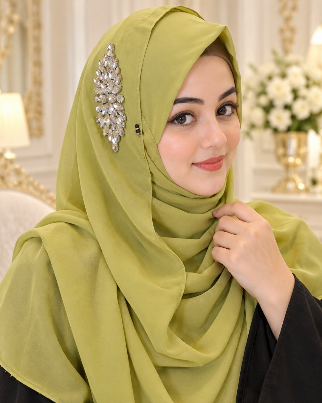 Olive Green Crystal Embellished Side Brooch Hijab