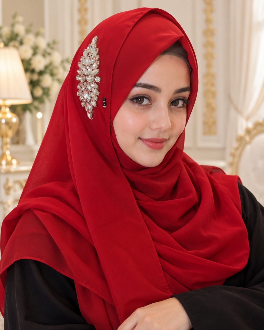 Ruby Red Crystal Embellished Side Brooch Hijab
