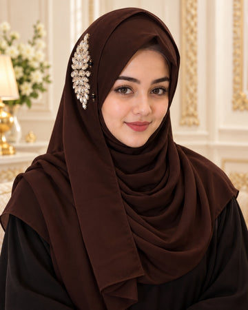 Chocolate Brown Crystal Embellished Side Brooch Hijab