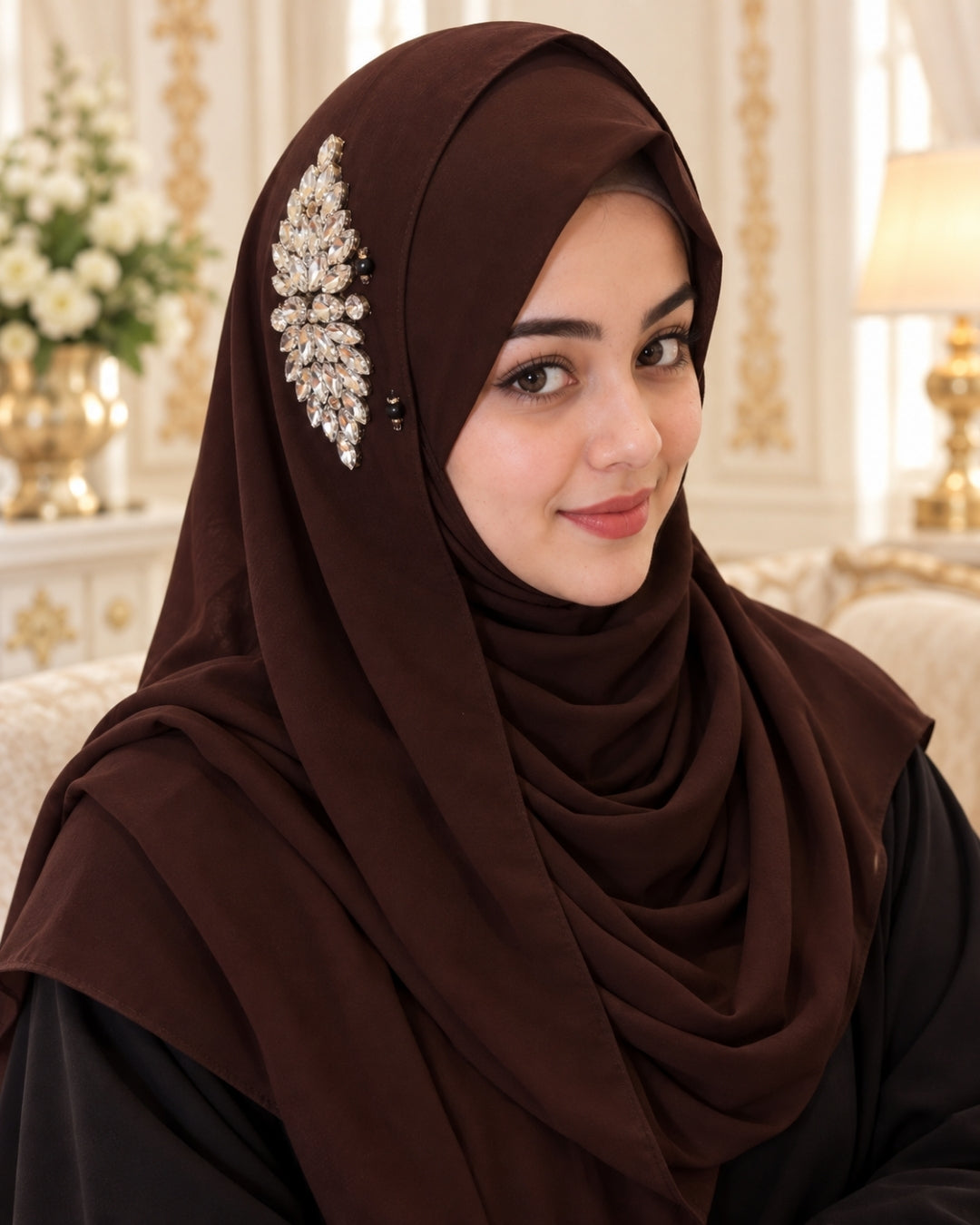 Chocolate Brown Crystal Embellished Side Brooch Hijab