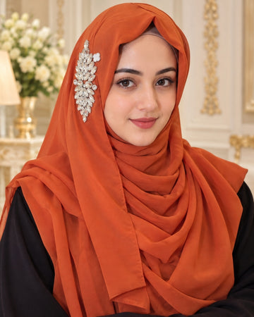 Coral Orange Crystal Embellished Side Brooch Hijab
