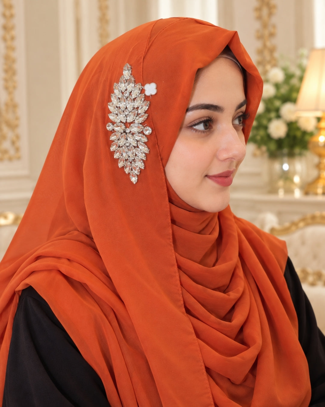 Coral Orange Crystal Embellished Side Brooch Hijab