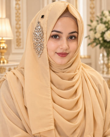 Champagne Beige Crystal Embellished Side Brooch Hijab