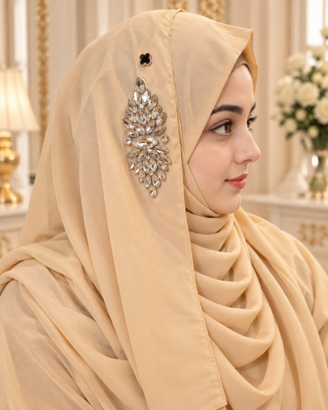 Champagne Beige Crystal Embellished Side Brooch Hijab