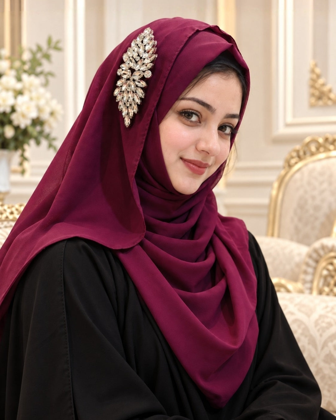 Deep Magenta Crystal Embellished Side Brooch Hijab
