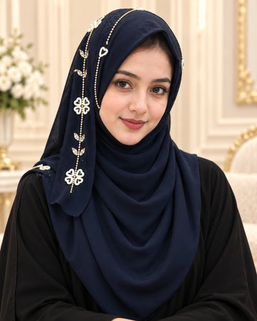 Midnight Navy Embellished Chain & Pearl Detail Hijab