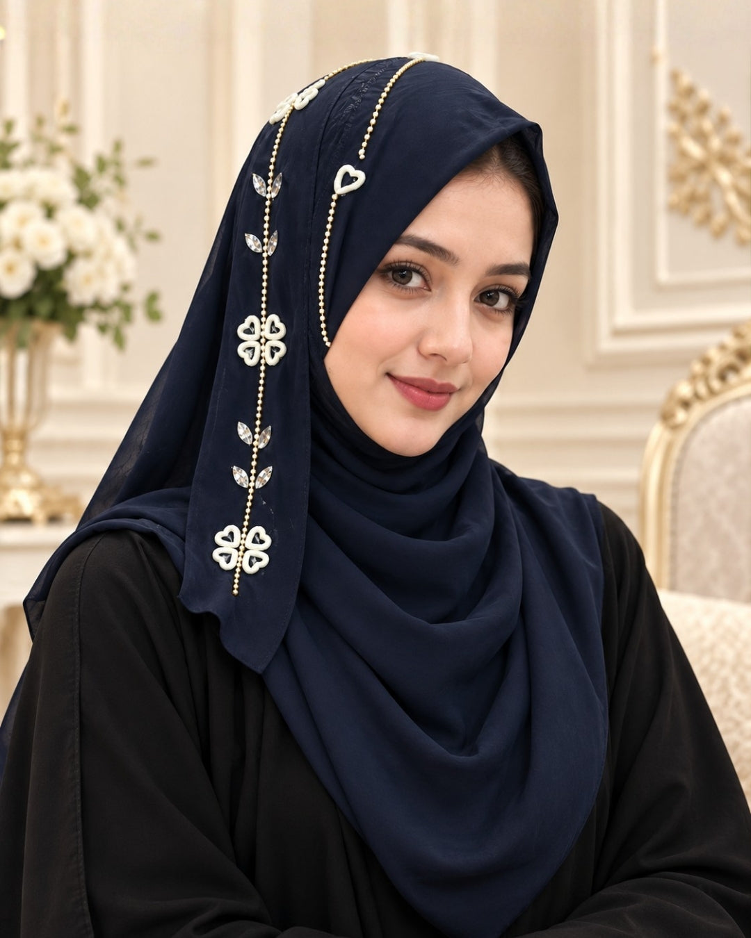 Midnight Navy Embellished Chain & Pearl Detail Hijab