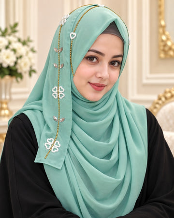Mint Green Embellished Chain & Pearl Detail Hijab