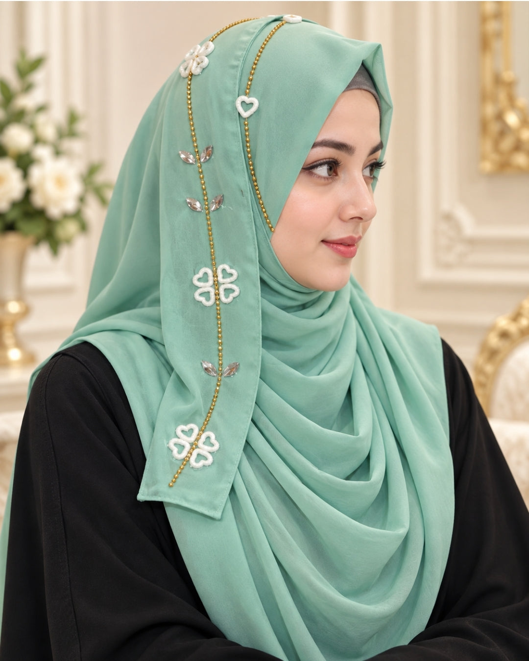Mint Green Embellished Chain & Pearl Detail Hijab
