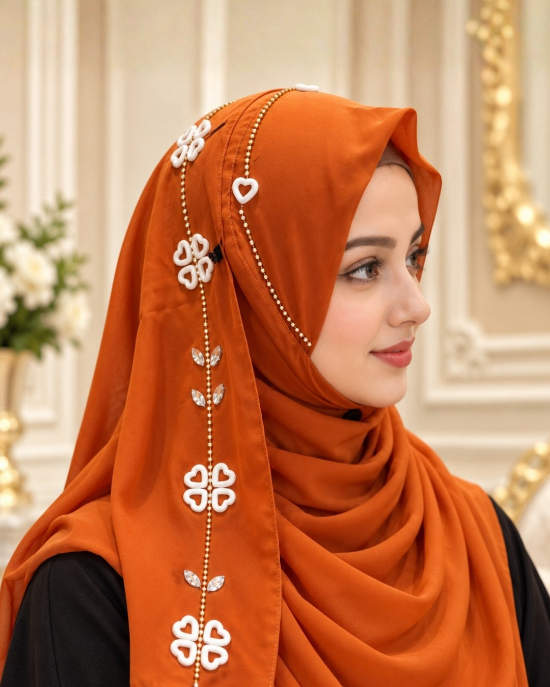Rust Orange Embellished Chain & Crystal Detail Hijab