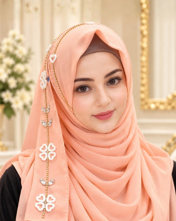 Blush Peach Embellished Chain & Crystal Detail Hijab