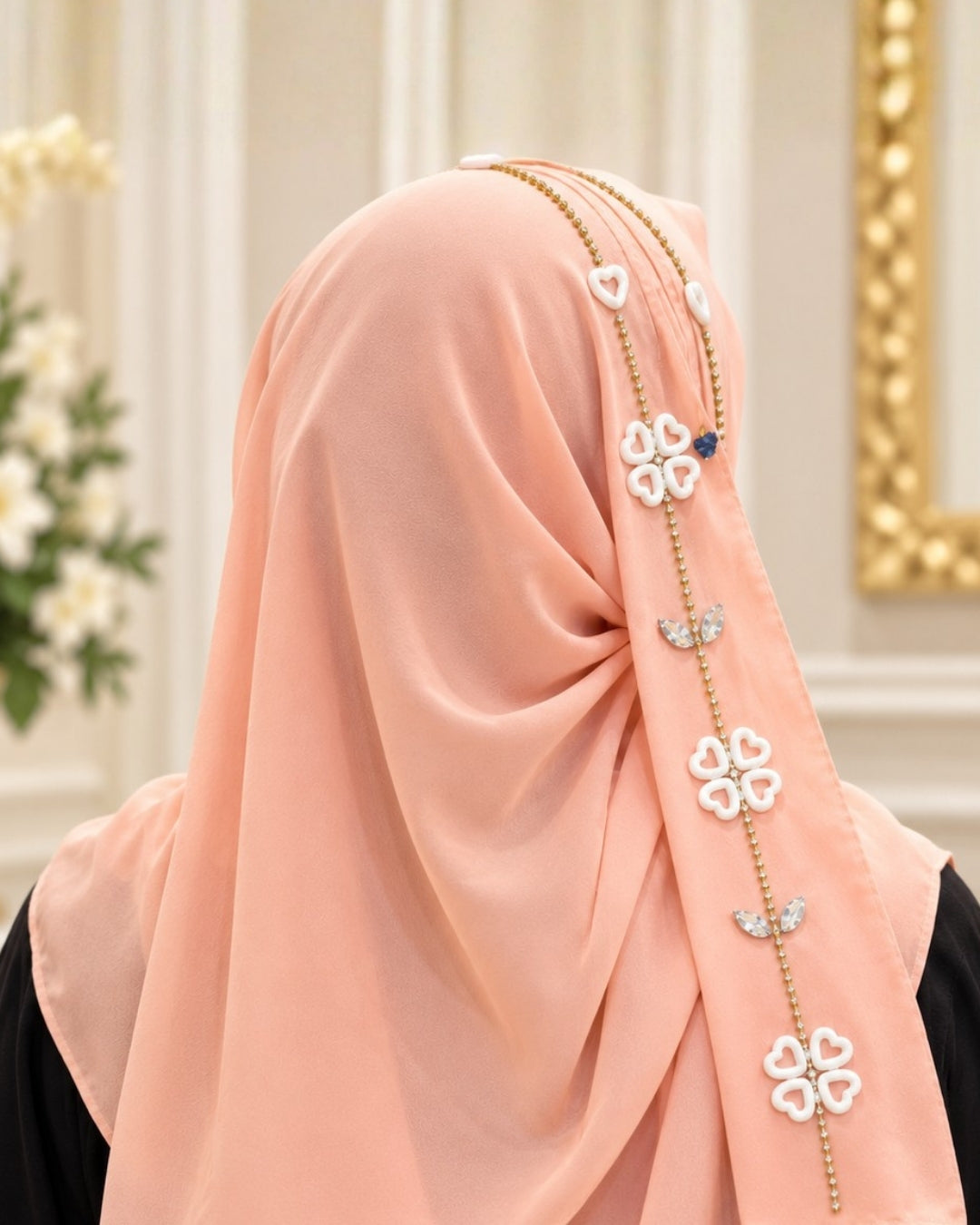Blush Peach Embellished Chain & Crystal Detail Hijab
