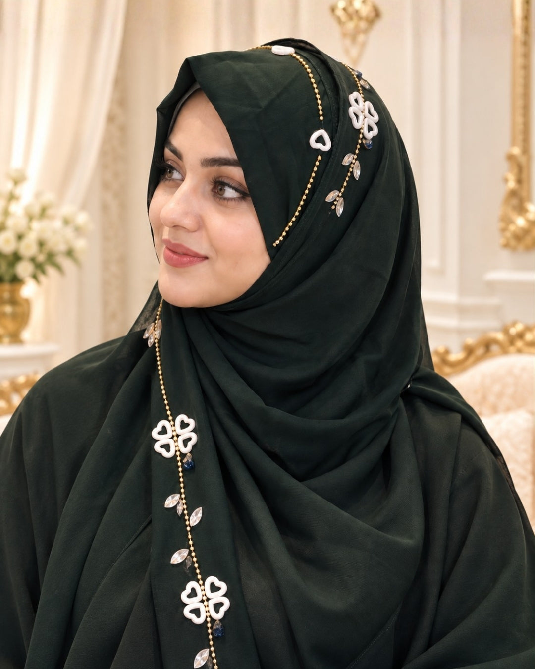 Forest Green Embellished Chain & Crystal Detail Hijab