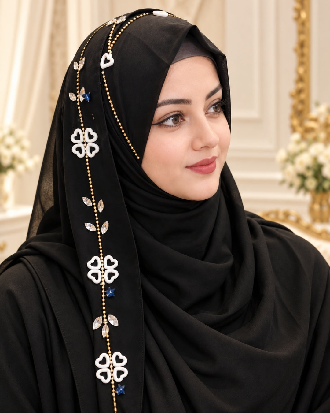 Classic Black Embellished Chain & Crystal Detail Hijab