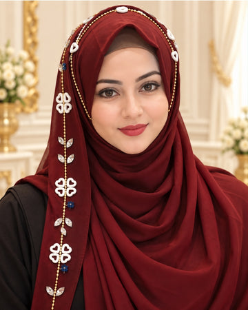 Burgundy Embellished Chain & Crystal Detail Hijab