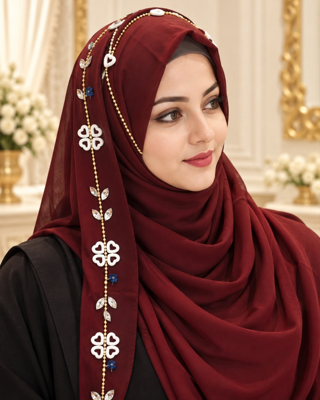 Burgundy Embellished Chain & Crystal Detail Hijab