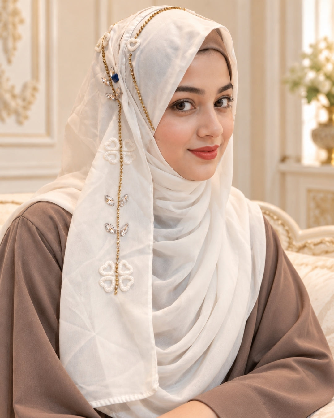 Pure White Embellished Chain & Crystal Detail Hijab