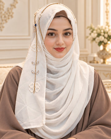 Pure White Embellished Chain & Crystal Detail Hijab