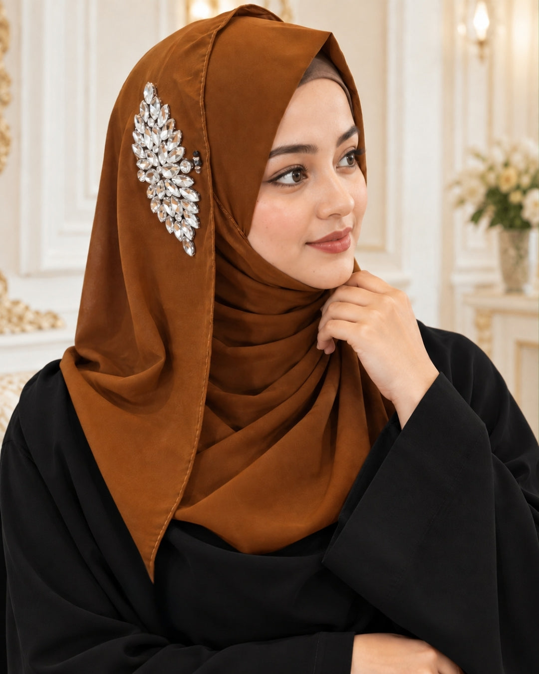 Burnt Orange Crystal Embellished Side Brooch Hijab