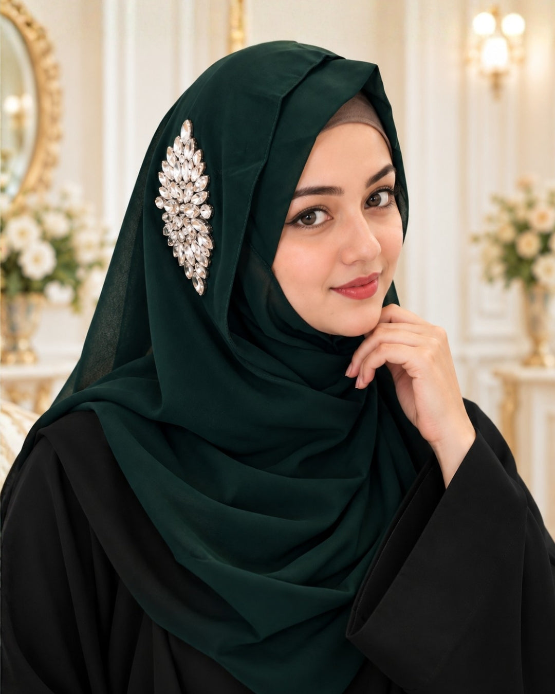 Deep Green Crystal Embellished Side Brooch Hijab