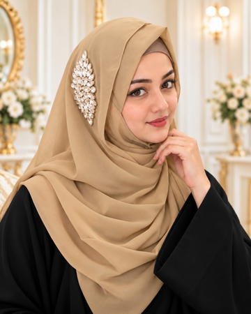Camel Beige Crystal Embellished Side Brooch Hijab