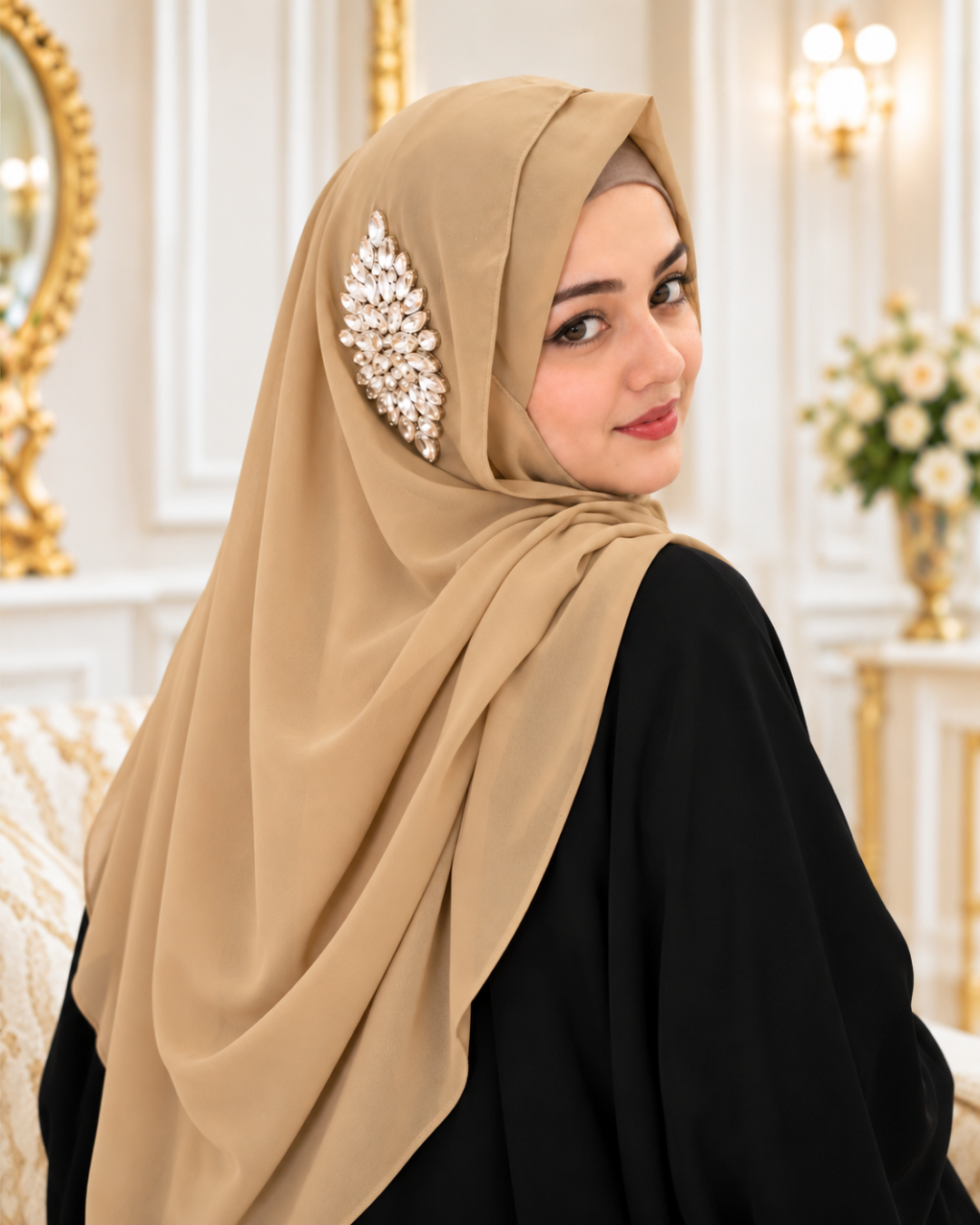 Camel Beige Crystal Embellished Side Brooch Hijab